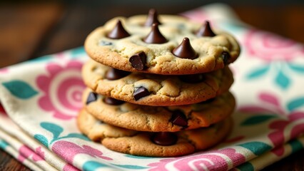 Stack of chocolate chip cookies on floral napkin