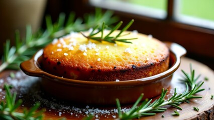 Rosemary olive oil cake in rustic setting