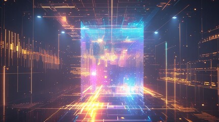 Futuristic 3D digital cube surrounded by vibrant glowing neon lights in a high-tech virtual space, creating a dynamic representation of advanced technology and digital innovation.