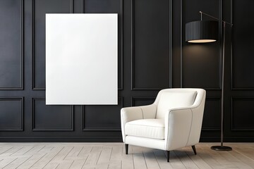 Modern interior with white armchair, lamp and blank poster on black wall