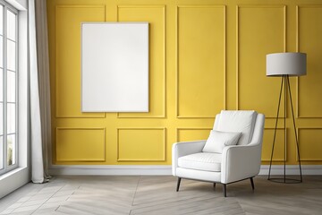 Modern interior with white armchair, lamp and blank poster on yellow wall