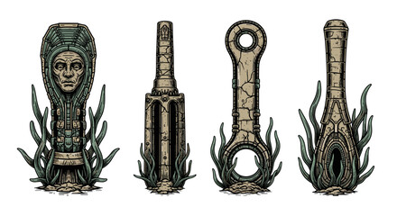 Fototapeta premium Ancient stone statues adorned with aquatic plant life imagery