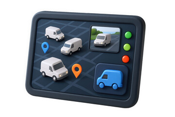 A 3D illustration of a navigation system displaying multiple delivery vehicles and location markers.