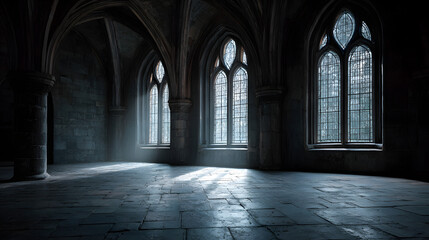 Fototapeta premium Empty dark room in gothic style with large windows