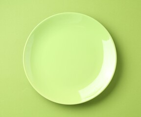 One stylish plate on green background, top view
