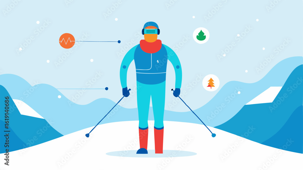 Poster coldweather adaptation a skier in snowy terrain with data displayed around them indicating body temp
