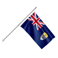 Realistic 3D rendering of the national flag of Saint Helena, waving on a silver flagpole, isolated...