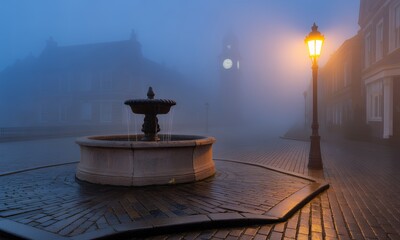 Misty Town Square Fountain at Dusk
