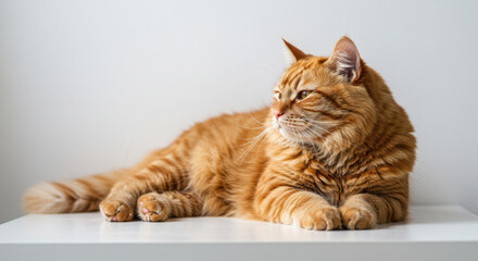 Obraz premium Relaxed Ginger Cat Resting on White Surface.