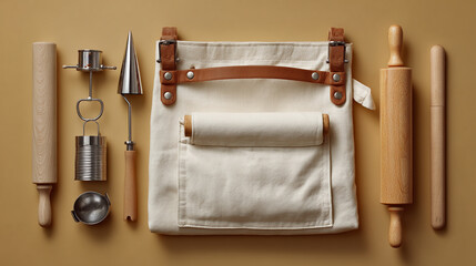 Flat lay of a baker's kit bag: rolling pin, measuring spoons, piping tip, and apron on a warm tan background. stock image