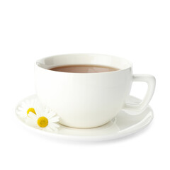 Aromatic tea in cup and chamomile flowers isolated on white