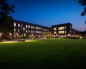 Nighttime Exterior View of Brick Building with Lawn