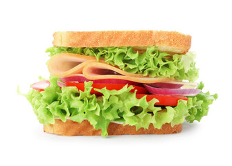 Yummy sandwich with ham and vegetables isolated on white