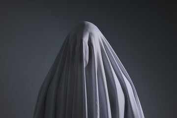 Creepy ghost. Man covered with white sheet on light grey background