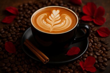 Black cup of coffee with latte art, cinnamon stick, and coffee beans on table
