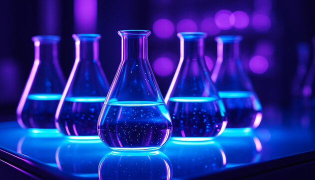 Bubbling Erlenmeyer flasks under neon purple-blue lighting on reflective lab surface