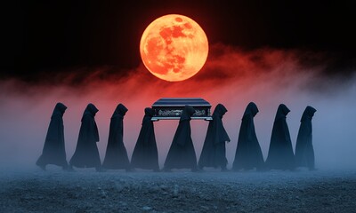 Mysterious hooded figures carrying a casket under a blood red moon
