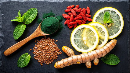 Healthy Ingredients Turmeric, Lemon, Goji Berries, Flax Seeds, and Spirulina