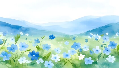 Obraz premium Minimalist watercolor pattern of small garden flowers, blue and soft green palette