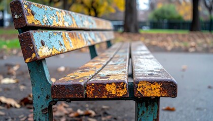 Weathered Park Bench with Rusted Metal Frame and Peeling Blue Paint in Autumn Ambiance