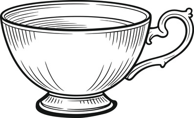Elegant vintage tea cup with handle filled with beverage