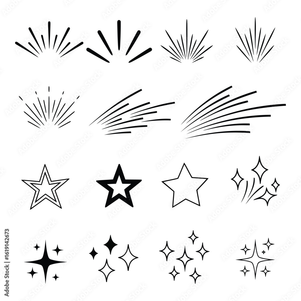Poster vector art of collection of various starbursts, sparkles and stars for design elements in black and 