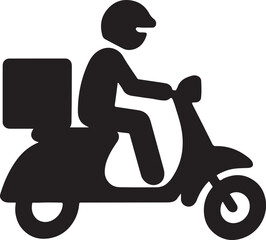 A vector illustration of illustration of a delivery scooter with rider and package isolated on white background