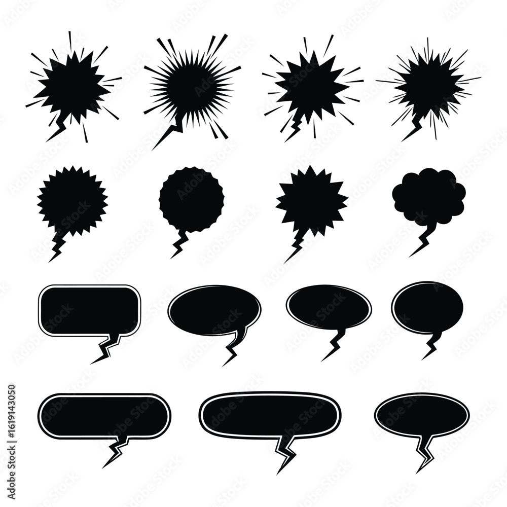 Poster vector art of collection of various speech bubbles and explosion icons in black and white vector for