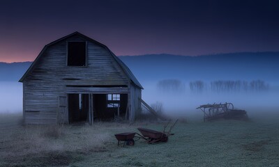 Old Barn in Foggy Field at Dusk