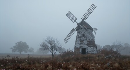 Old Windmill in Foggy Field
