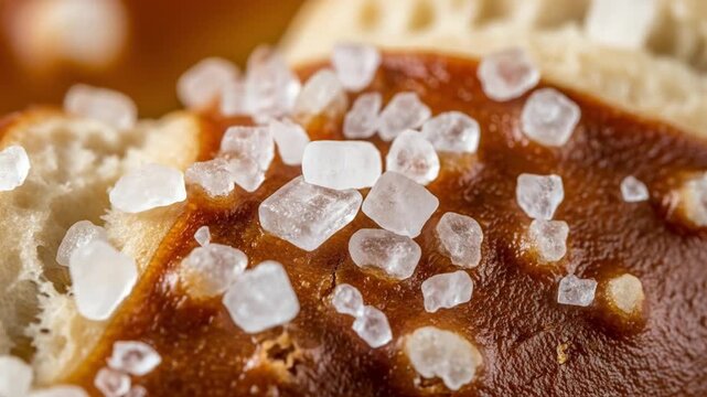 A detailed macro shot of a freshly baked soft pretzel topped with coarse sea salt crystals, a classic savory snack.