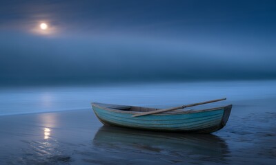 Naklejka premium Serene moonlit beach scene with a weathered rowboat