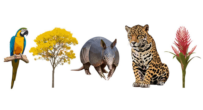 Amazonian biodiversity with parrot, yellow tree, armadillo, jaguar, and flower.