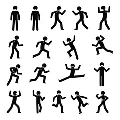 Naklejka premium Vector art of a collection of stick figure pictograms in various poses depicting human actions and movements