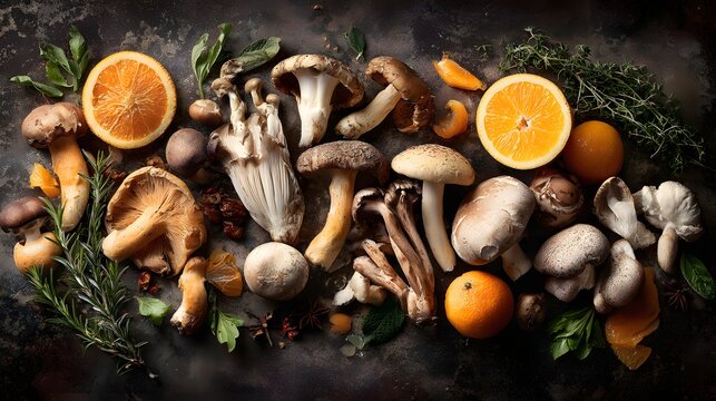 Assorted mushrooms and citrus fruits arranged on a dark surface.