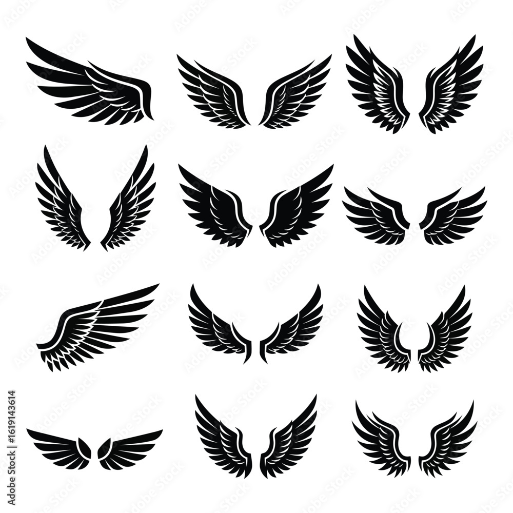 Poster vector art of collection of twelve different wing designs in black vector format for graphic design 