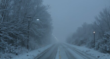 Obraz premium Snowy Road at Dusk Foggy Winter Scene Streetlights in Snowstorm