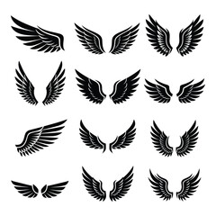 Obraz premium Vector art of collection of twelve different wing designs in black vector format for graphic design projects