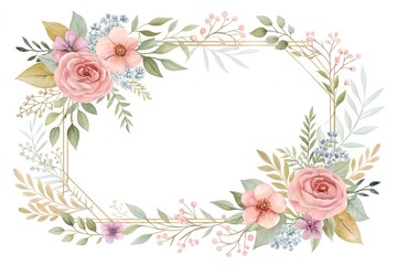 Watercolor floral frame with roses and leaves isolated on white background