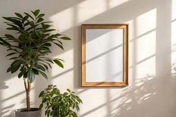 Wooden frame mockup with plants and sunlight isolated on white background