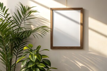 Wooden frame mockup with plants on a wall with sunlight and shadows