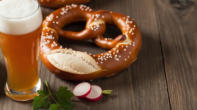 Classic Bavarian snack featuring a freshly baked soft pretzel with salt and a cold glass of foamy wheat beer on a rustic wooden table.