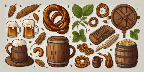 Traditional Beer Ingredients and Accessories with Wooden Barrels and Pretzels