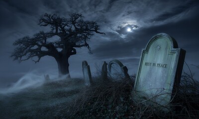 Spooky graveyard at night with tombstone and tree under moonlit sky