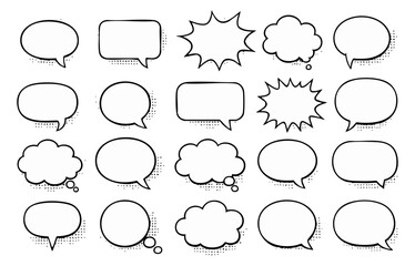 Comic Speech Bubble Frame Set, Hand-Drawn Style Blank Balloons in Black and White