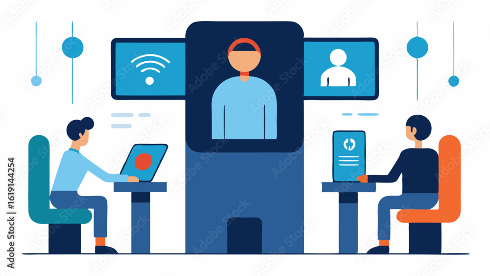 Poster biometric assessment station an illustration of a hightech station where individuals sit to receive 