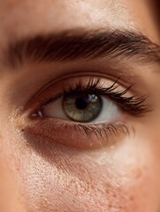 Obraz premium Close-up of a natural eye with a slight tear shine. Emotional yet clean, perfect for health or wellness themes.