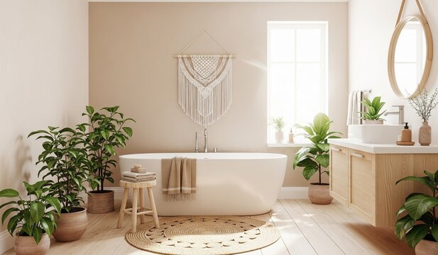 Ein helles, modernes Badezimmer im Scandi-Boho-Stil