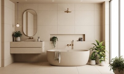 Ein modernes, minimalistisches Badezimmer in sanften Beiget&ouml;nen