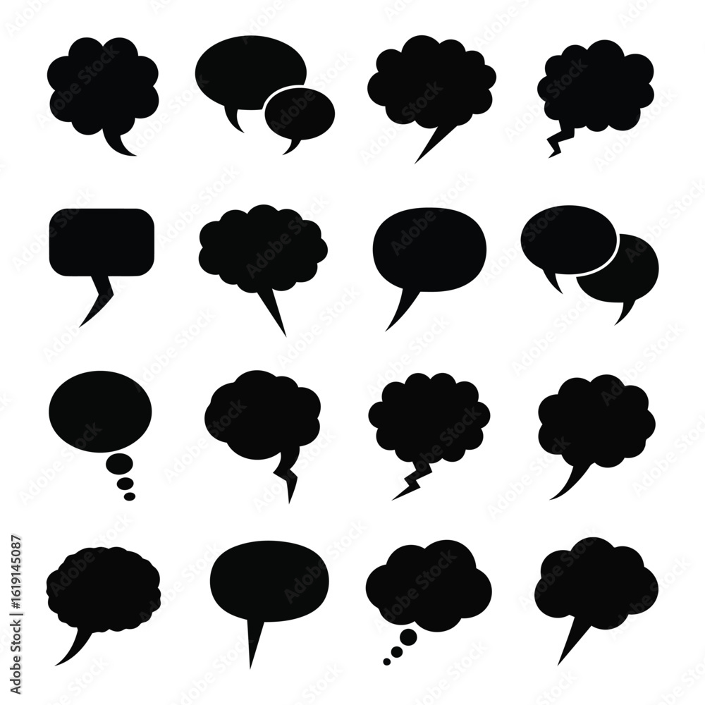 Poster vector art of collection of diverse speech bubbles in black silhouette, perfect for adding text to y